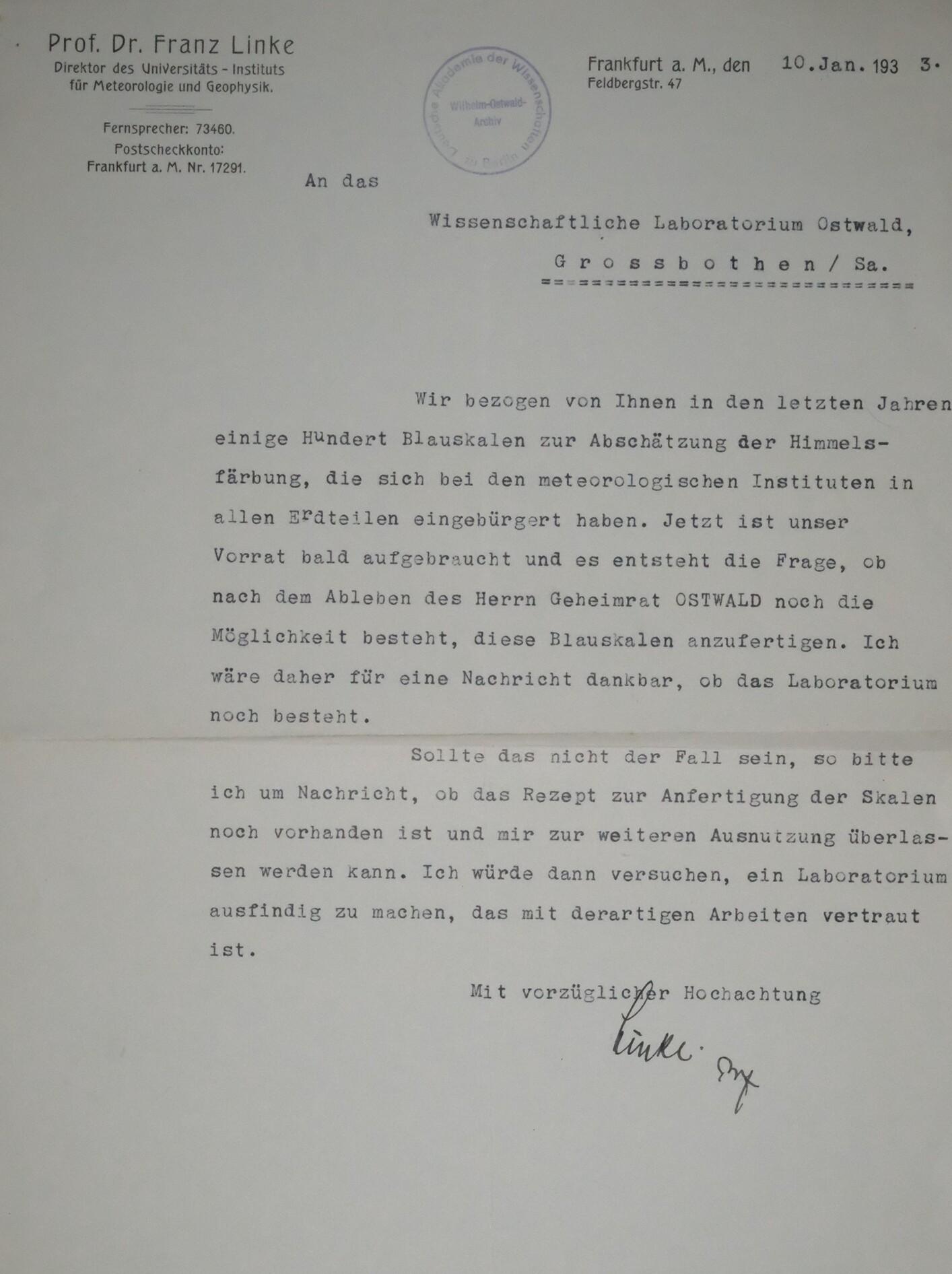 Brief zwischen Institut f&uuml;r Meteorologie und Geophysik und Wilhelm Ostwald